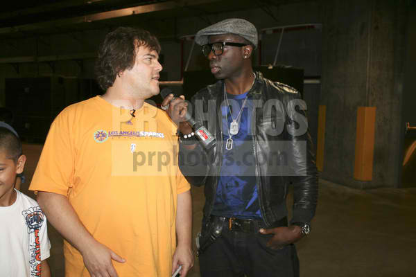 Sam interviewing Jack Black backstage at Staple Center the two contested a charity event for the LA Sparks basketball team